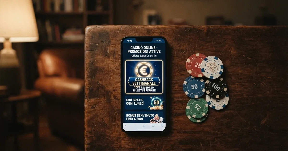 Schermata di un casinò online italiano con la sezione cashback attiva, su sfondo verde ADM