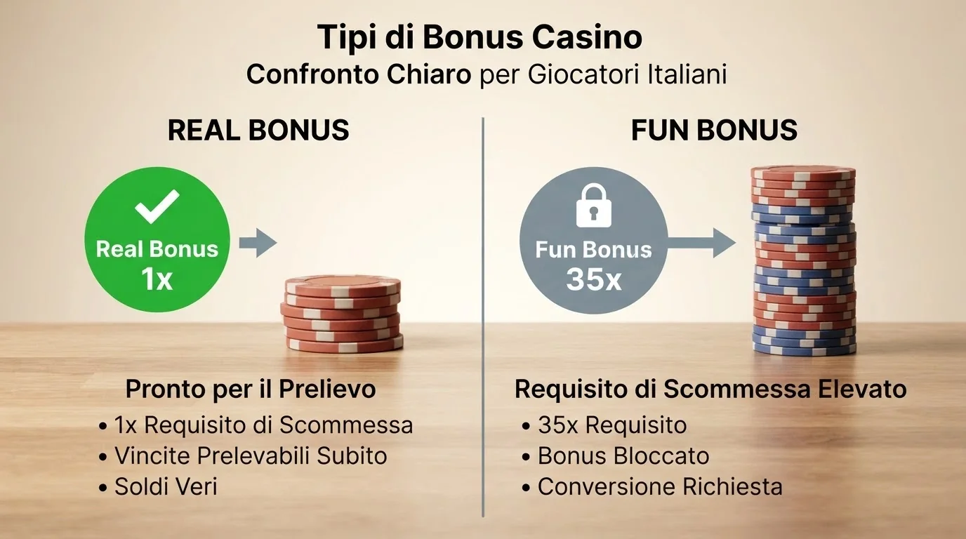 Due colonne affiancate: a sinistra il Real Bonus con spunta verde, a destra il Fun Bonus con icona lucchetto